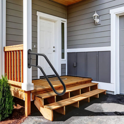 Heavy Duty Non Slip Outdoor Stair Hand Rail For 1 To 3 Steps Wall Mounted Grab Bar U Shape Safety Handle For Garage Porch Garden 1.3 Inch Diameter Black Pipe installed on porch steps