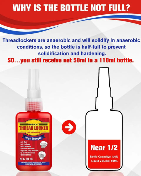 Red Thread Locker High Strength Threadlocker For Nuts Bolts And Fasteners Permanent Anaerobic Glue For Automotive And Machinery 50 ml bottle in red with labeled packaging