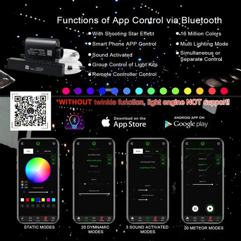 Shooting Star Fiber Optic Headliner Kit app control features with 16 million colors and music modes for car and party decor