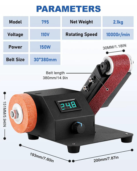 Mini Belt Sander Knife Sharpener With Variable Speed Electric Power Belt Grinder And 15 Piece 1.2x15in Multi Grit Belts Low Noise For Knife Making Metalworking Woodworking And Diy Projects