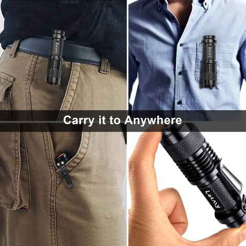 Ultra Bright Tactical Flashlight 2 Pack Mini LED Flashlight with Belt Clip shown clipped on pants and shirt, handheld view.