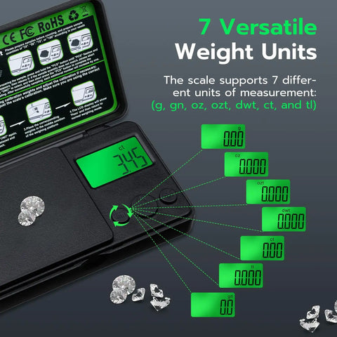 Tiny But Mighty Digital Pocket Gram Scale With 500 Gram Capacity And 0.01 Gram Precision Mini Kitchen Scale showing 7 weight units