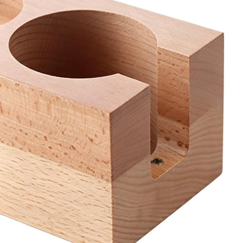 Solid Wood Espresso Tamper Holder 58Mm With Integrated Drip Tray Natural Coffee Tamping Station close-up of beech wood construction