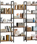 Tall 5 Tier Industrial Bookshelf With 14 Open Display Shelves For Your Home Or Office Setup Brown Wood And Metal Large Etagere Bookcase showcasing books and decor items.