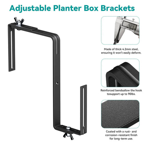 Adjustable Planter Box Brackets With Enhanced Bottom Support For Outdoor Hanging Gardens Universal Fit For Fence Rails Windowsills Patio Balcony Fits Planter Boxes From 2 To 7.8 Inches Wide Black, shown in black with a side view and thickness details