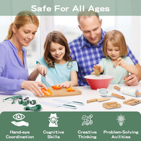 Front view of kids using a 20-piece Amazon Kids Safe Knife Set toy in a family kitchen with a wooden cutting board.