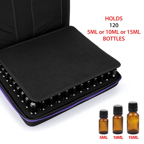 Open 120 Bottle EVA Essential Oil Storage Case With Foam Insert Hard Shell Travel Organizer Bag showing bottle slots and foam padding.