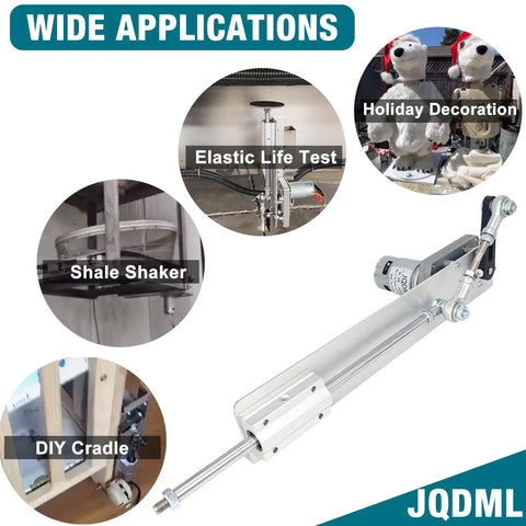 24V Reciprocating Linear Actuator With Suction Cup And Speed Controller shown with applications like holiday decoration and DIY.