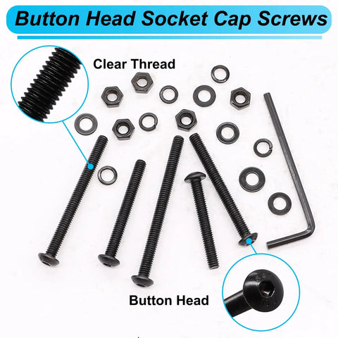 M4 Button Head Hex Socket Cap Screws Kit With Nuts And Washers, Heavy Duty Pro Grade 10.9 Grade Alloy Steel, M4 X 30/35/40/45/50Mm, Black Finish, Bulk Hardware Set For Home Repairs, Appliances And Furniture displayed with included hex wrench.