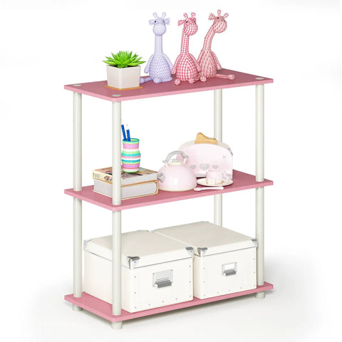 No Sweat Toolless Pink 3 Tier Open Storage Shelf, Hella Versatile Corner Book Rack For Living Room, Bedroom, Garage And Home Office Legit Organization Upgrade