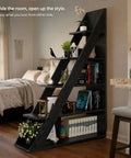 Ladder Bookshelf 5 Tier Industrial Bookcase With Storage Shelves Room Divider Freestanding Display Shelf For Living Room Bedroom And Home Office Black Wood Grain 39.4 W X 70.9 H showing decorative items and books.