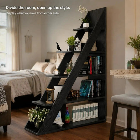 Ladder Bookshelf 5 Tier Industrial Bookcase With Storage Shelves Room Divider Freestanding Display Shelf For Living Room Bedroom And Home Office Black Wood Grain 39.4 W X 70.9 H showing decorative items and books.