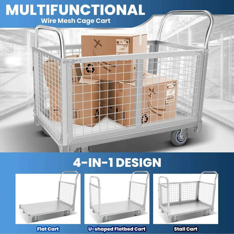 Beefy Heavy Duty Platform Cart With Cage for Industrial Use 3800 lbs Folding Moving Dolly with boxes on wire mesh design