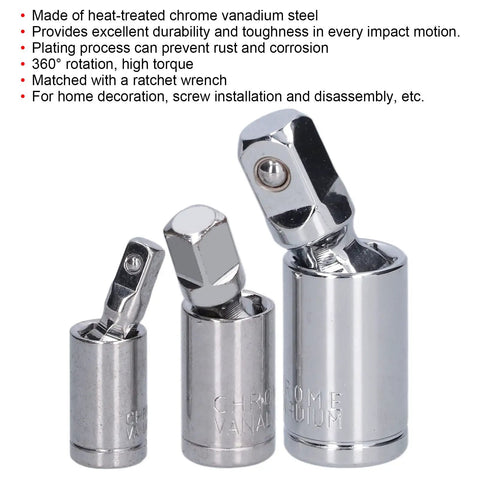 Dang Solid 3 Pc Universal Joint Socket Adapter Set With Chrome Vanadium Steel For 1 4 3 8 And 1 2 Inch Ratchets Built Tough For Impact Driver Repair And Heavy Duty Mechanics Jobs That Need Swivel Extension Precision, three chrome vanadium swivel adapters