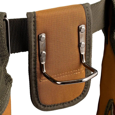 Close-up of dual hammer loop on Two Bag Brown Tool Belt With Reinforced Pouch Bottoms, Barrel-Style Pouches, Infinity Belt