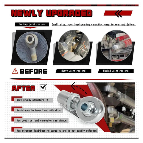 Before and after images of Built Tough 1.25 Inch Heim Joint Rod End Linkage Kit, showcasing durability and upgrades.