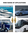 Heavy Duty Solid Brass Side Post Battery Terminal Extender Studs With Brass Jam Nuts showcased in various vehicles including boats and cars.