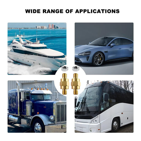 Heavy Duty Solid Brass Side Post Battery Terminal Extender Studs With Brass Jam Nuts showcased in various vehicles including boats and cars.