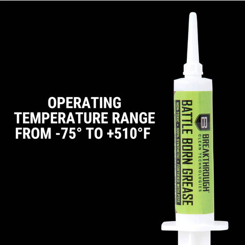 Gun Grease For Corrosion Protection 12cc Syringe Pro Grade Firearm Lubricant With Pure Synthetic Oils And Sub Micron PTFE Fights Moisture Friction And Rust In All Weather showing operating temperature range from -75° to +510°F