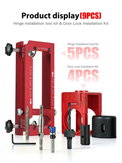 2-in-1 Door Hinge Jig and Lock Hole Drilling Kit, Adjustable Aluminum Router Template, 9 pieces for DIY installation.