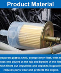 Close view of a fuel filter showing orange interior with brass end caps, part of 4 Pack 5 By 16 Inch Inline Fuel Filter Kit With 8 Hose Clamps For Motorcycles Cars And Trucks Built With Beefy Brass End Caps And Orange Interior Filter For Superior Filtration Performance.
