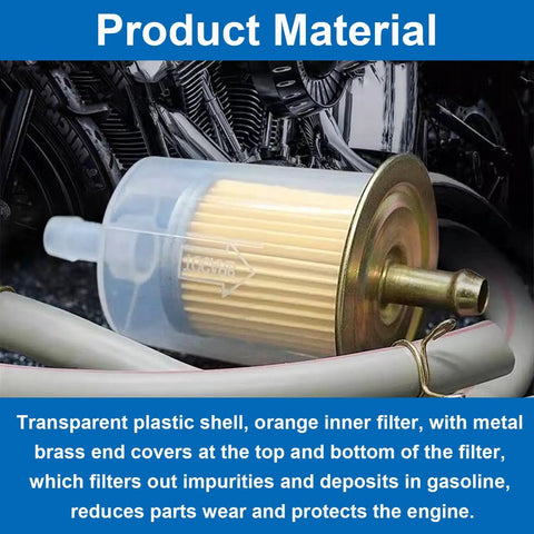 Close view of a fuel filter showing orange interior with brass end caps, part of 4 Pack 5 By 16 Inch Inline Fuel Filter Kit With 8 Hose Clamps For Motorcycles Cars And Trucks Built With Beefy Brass End Caps And Orange Interior Filter For Superior Filtration Performance.