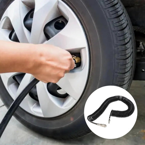 Using Top Shelf Heavy Duty Retractable Air Hose Compressor Hookup With Kink Free Bend Limiter For Fast Tire Inflation.