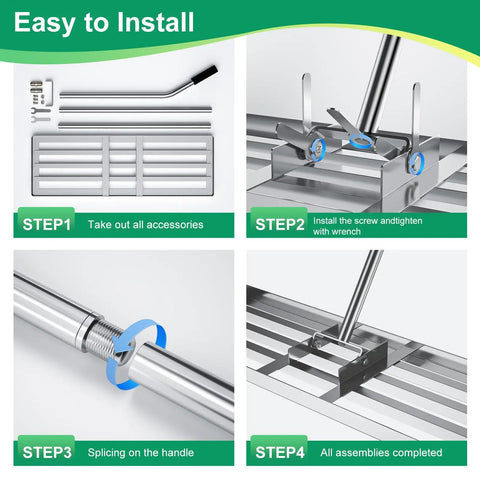 Installation steps for Heavy Duty Lawn Leveler Rake With 304 Stainless Steel Head, 30 Inch Wide, 6.5 Foot Ergonomic Handle.