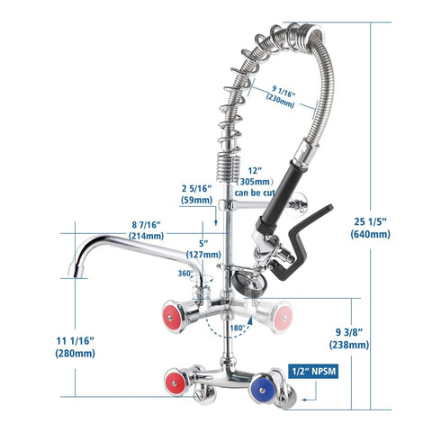 Wall Mount Commercial Sink Faucet With Sprayer, 4 To 8 Inch Adjustable Center, 25 Inch Height, 8 Inch Add On Spout shown with dimensions