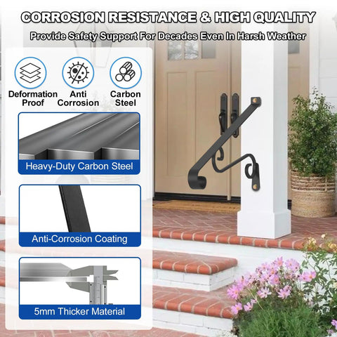 Heavy Duty Wall Mounted Outdoor Stair Handrails Sized Perfect For One To Two Steps Sleek Wrought Art Grab Rail Anti Corrosion Carbon Steel on porch.