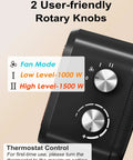 Close-up of rotary knobs on Dope Portable 1500W Desk Space Heater With PTC Ceramic Heating, showing fan mode and thermostat settings.