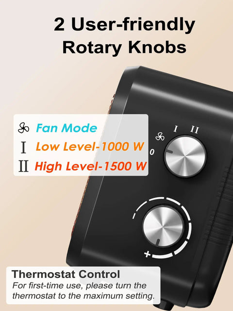 Close-up of rotary knobs on Dope Portable 1500W Desk Space Heater With PTC Ceramic Heating, showing fan mode and thermostat settings.