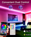 Ultra Long 100 Feet RGB LED Strip Lights With App Control And Music Sync 5050 LED Beads lighting up a room with remote and app