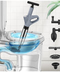 Heavy Duty High Pressure Toilet Plunger And Air Drain Blaster That Kicks Stubborn Clogs To The Curb Fast Saves You Serious Dough On Plumbers And Keeps Your Bathroom Running Smooth In Sleek Grey Finish shown in action with nozzles and gauge.