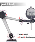 Front view of Clockwise Tools digital indicator with magnetic base and adjustable arm, 0–1 in (25.4 mm) range, inch/mm conversion, auto off