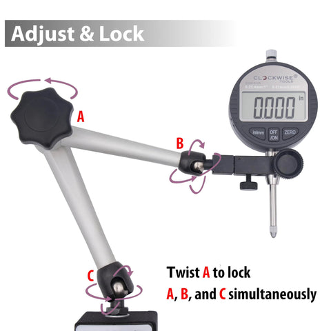 Front view of Clockwise Tools digital indicator with magnetic base and adjustable arm, 0–1 in (25.4 mm) range, inch/mm conversion, auto off
