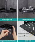 2 Pack Hassle Free Bathroom Corner Shelf With Heavy Duty Self Adhesive Shower Caddy And 4 Hooks For Kitchen And Toilet Solid Space Aluminum No Drill Storage Rack, showing waterproof installation and weight capacity.