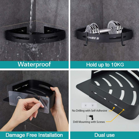 2 Pack Hassle Free Bathroom Corner Shelf With Heavy Duty Self Adhesive Shower Caddy And 4 Hooks For Kitchen And Toilet Solid Space Aluminum No Drill Storage Rack, showing waterproof installation and weight capacity.