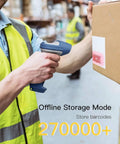Worker uses 3 In 1 Wireless Barcode Scanner With Bluetooth Five Point Zero And Two Four Ghz Receiver Reads One D And Two D Barcodes On Paper Or Screens GS1 Compatible Fast Snappy Data Capture For Retail And Point Of Sale on package in warehouse.