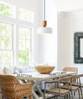 Modern Pendant Light With Natural Wood And Brass Accent, 12-Inch White Matte Shade, Adjustable Cord in dining room