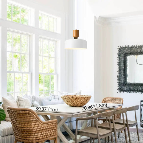 Modern Pendant Light With Natural Wood And Brass Accent, 12-Inch White Matte Shade, Adjustable Cord in dining room