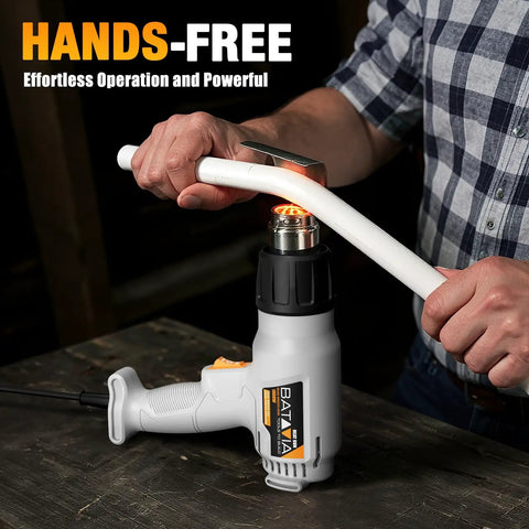 Heavy Duty 1800W Heat Gun With Dual Fuse Safety System and Dual Temperature 752F and 1112F in hands-free pipe bending use