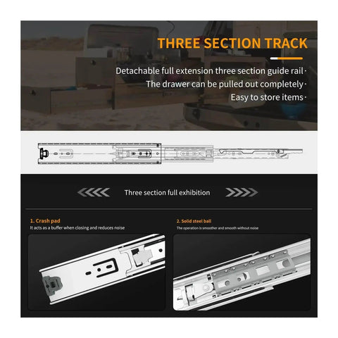 Diagram showing heavy duty drawer runners with lock, full extension ball bearing slides, 68Kg capacity, 38 inch 950mm length.