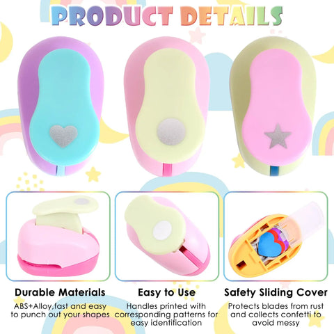 Three Piece Craft Hole Punches Set With Colorful Heart Round And Star Shapes For DIY Crafts Scrapbooking Gift Wrapping And Card Making 0.31 To 0.39 Inch With Safe Rounded Edges And Non Slip Handles image showing colorful punches with heart, round, and star shapes, durable materials, and safety sliding cover