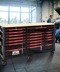 66 Inch Rolling Tool Chest With 19 Drawers Heavy Duty Mobile Tool Cart On Wheels Lockable Storage Cabinet For Garage Workshop Warehouse Lab Wood Top Work Bench Built For DIYers And Pros To Tackle Any Project And Store All Your Gear In A Cabinet black steel cabinet with wood top in auto repair shop
