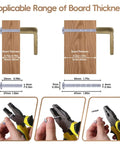 Six Pack Brushed Gold Half Moon Cabinet Pulls 2.5 Inch Center Spacing showing board thickness compatibility with screws and pliers