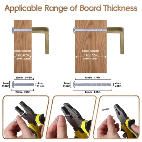 Six Pack Brushed Gold Half Moon Cabinet Pulls 2.5 Inch Center Spacing showing board thickness compatibility with screws and pliers