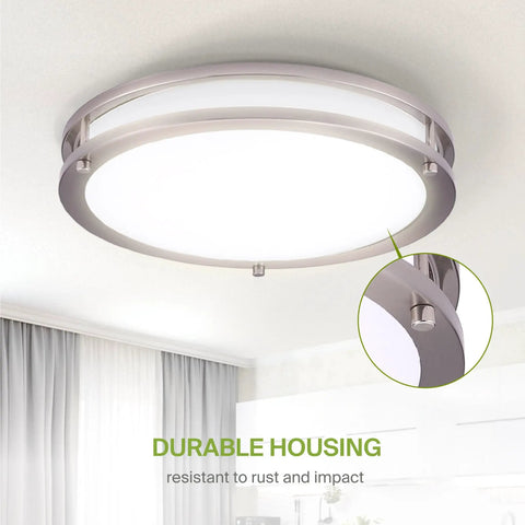 Energy Efficient 18 Inch Round Flush Mount Ceiling Light With Dimmable 3 CCT LED, nickel finish shown in a modern room.