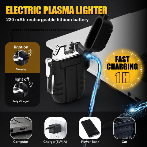 Windproof Dual Arc USB Rechargeable Flameless Plasma Lighter For Camping And Hiking being charged via USB with battery icons