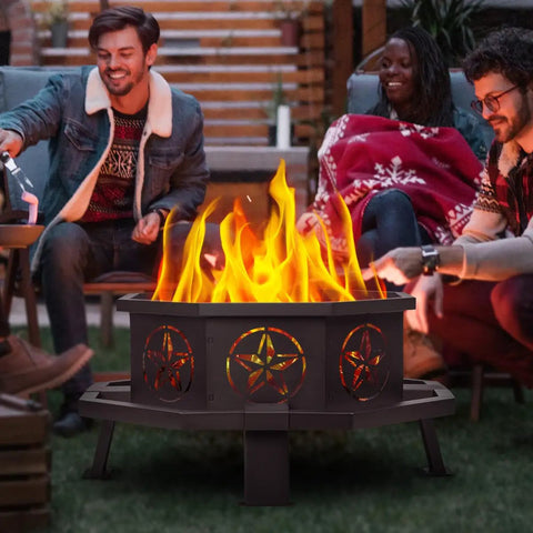 Group enjoying 35 Inch Octagonal Outdoor Fire Pit Wood Burning Bonfire For Backyard Patio Camping Garden Gatherings Durable Iron Build